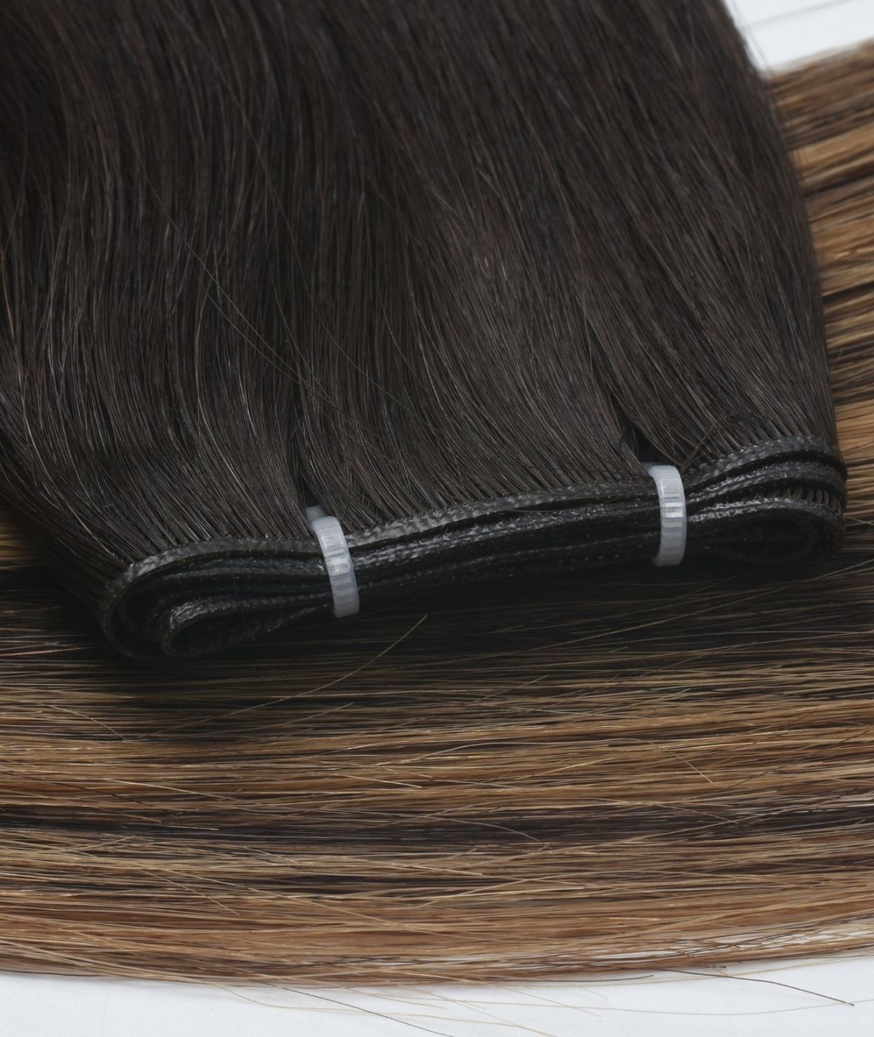 #Dark Ash Brown Balayage Genius Weft Extensions